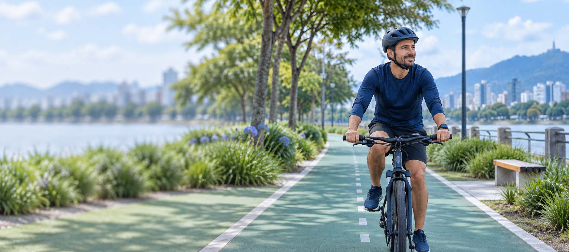 Persona con casco en bicicleta por un parque